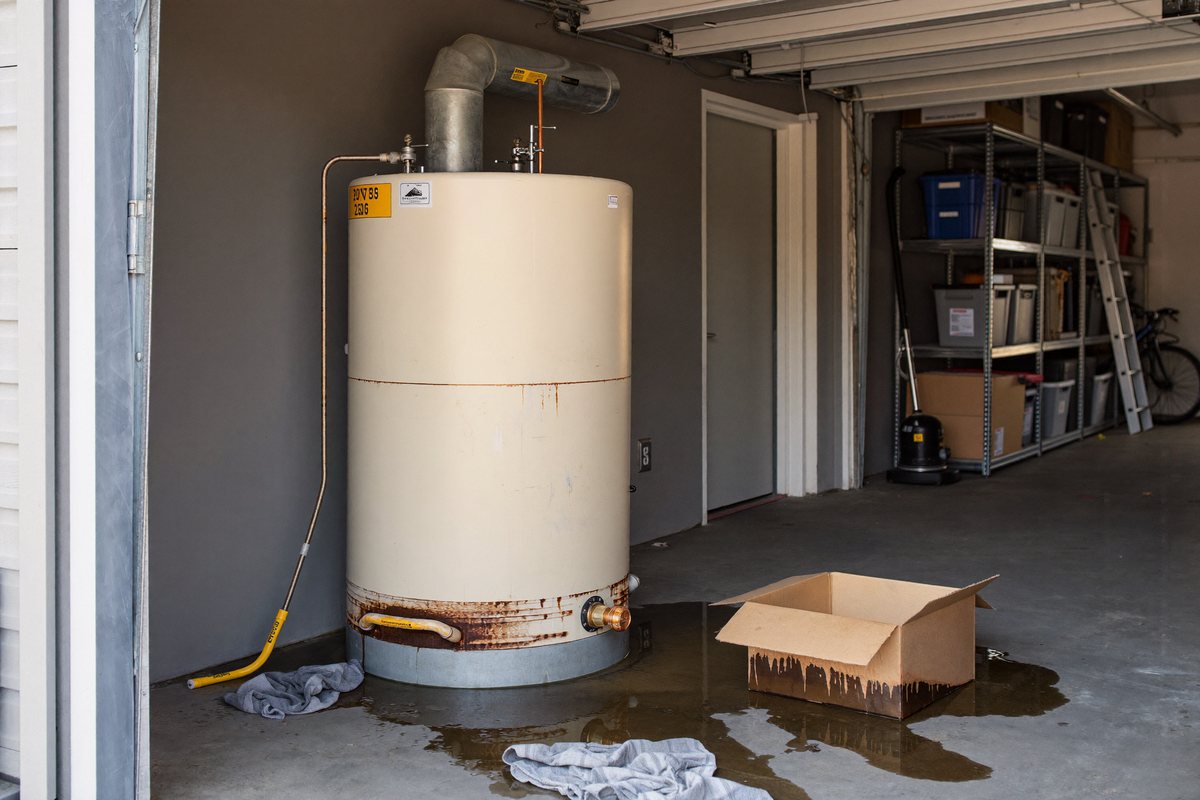 Leaking water heater with water spreading across a Charlotte garage floor