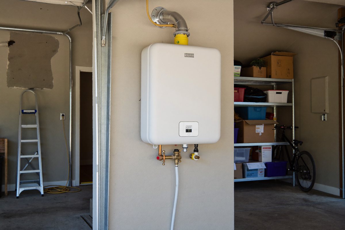 Wall-mounted tankless water heater installation with copper lines and gas connector in a Charlotte garage