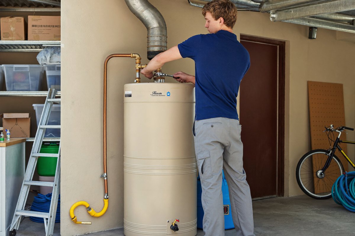 Plumber connecting the water lines during a water heater installation in a Charlotte garage