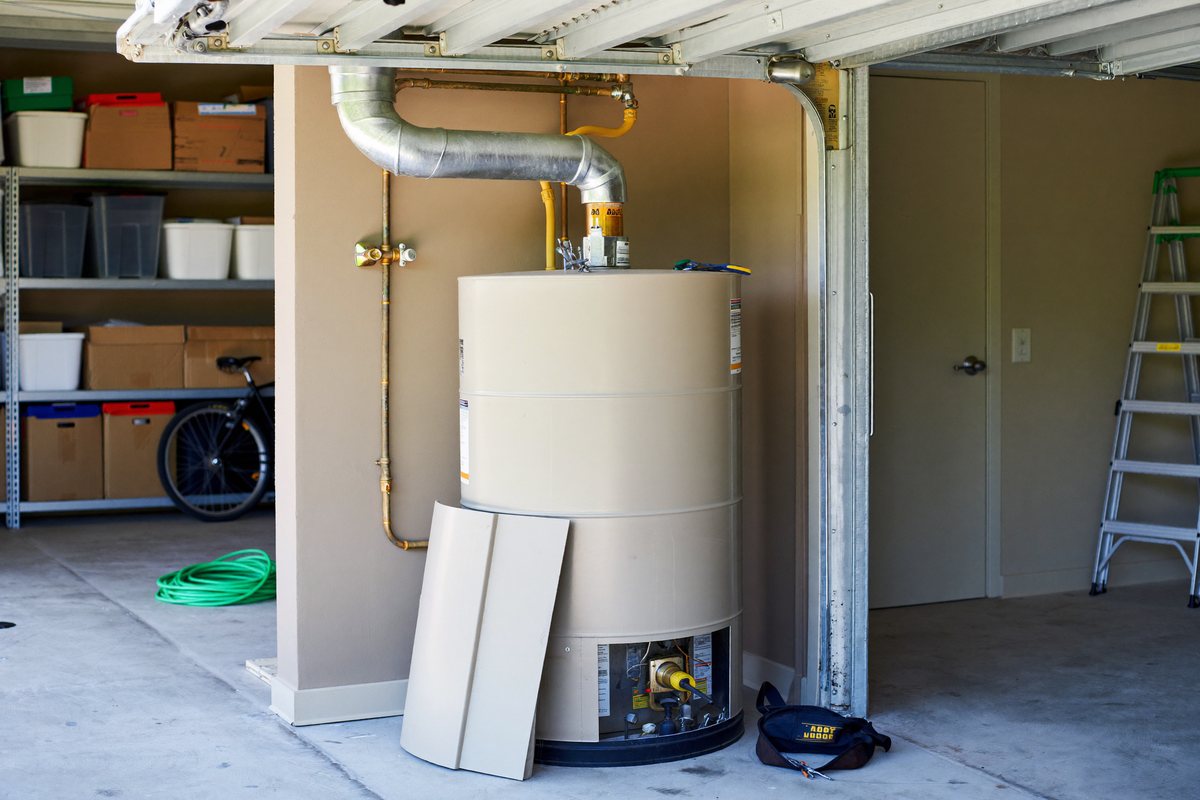 Water heater with the access panel removed during a repair in a Charlotte garage