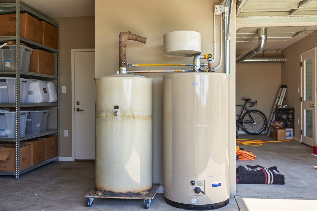 Old water heater removed on a dolly beside the new replacement unit in a Charlotte garage